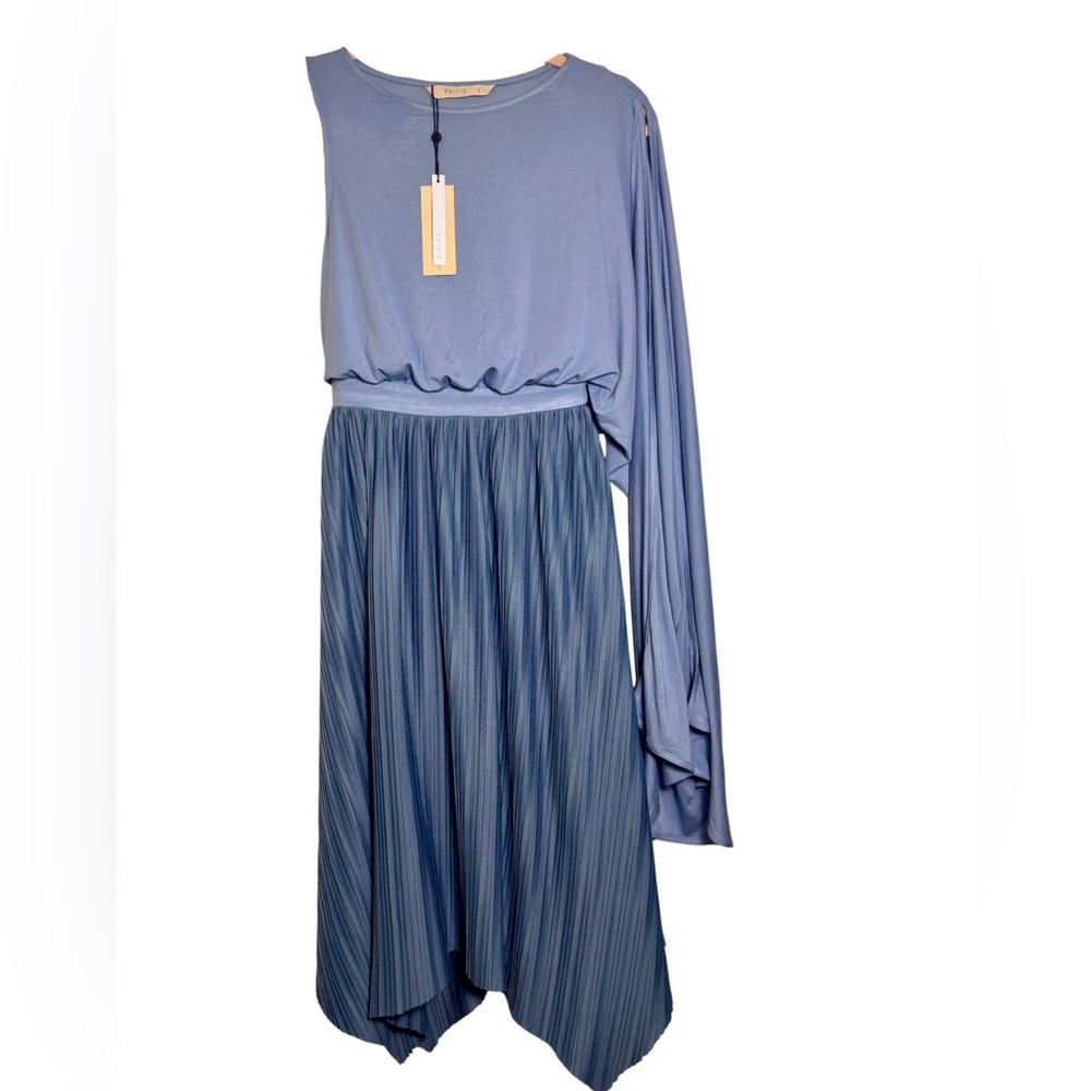 PAISIE Asymmetrical Blue Elegant DrapeCape Shoulder Pleated Dress Size 2 UK 6